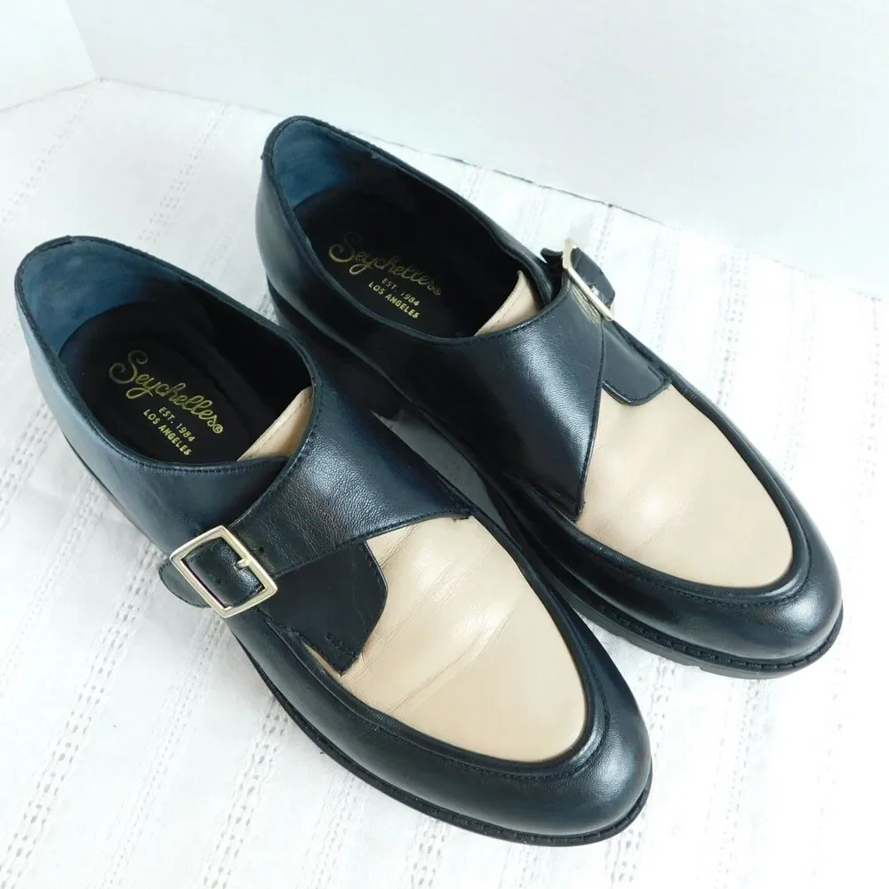 Seychelles Leather Loafers 7.5 Catch Me Black Cream Buckle Shoes Womens Retro